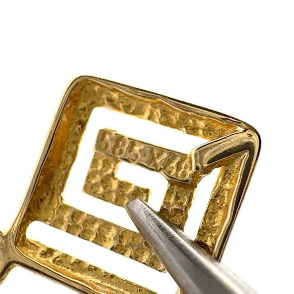 Designer 14K Yellow Gold Etruscan Modernist Square Swirl Dangle Hook Earrings